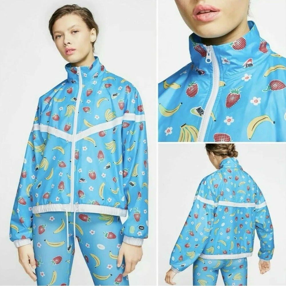 Nike women’s sportswear banana, strawberry, print woven jacket,100% polyester M